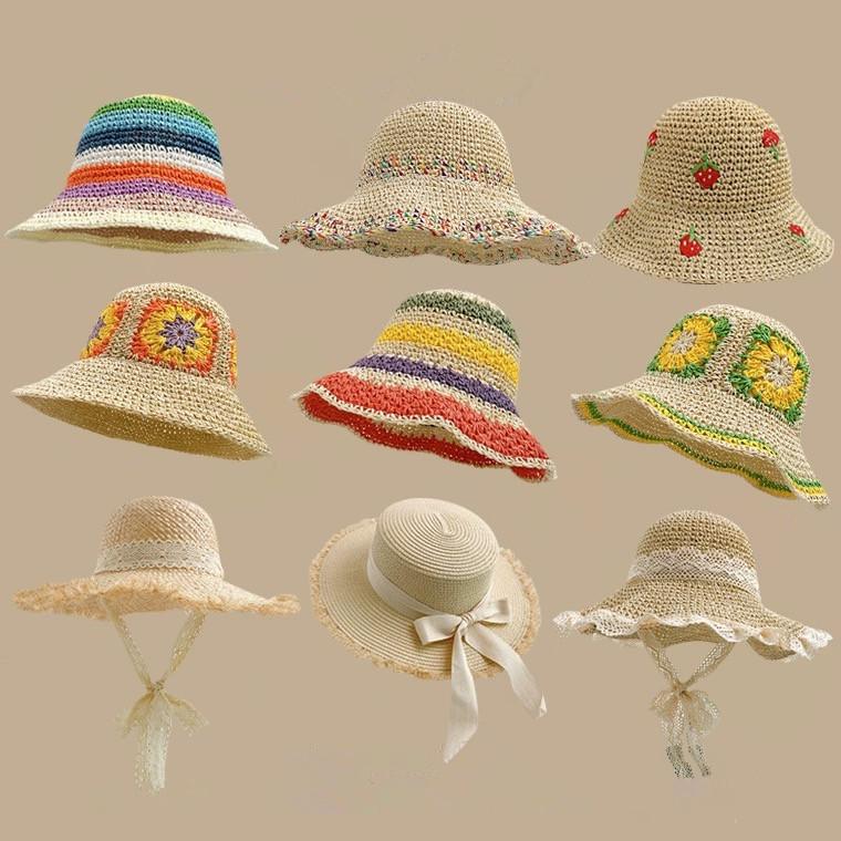 Hat Women's Spring and Summer Versatile Big Brim Straw Hat Summer Seaside Bucket Hat Face Small Sunscreen Hat Sun Hat