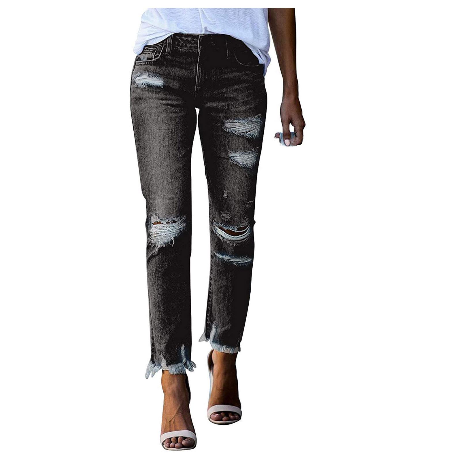 Trendy Women s Vintage Black Distressed Jeans, Frayed Rips & Raw Hem Casual Pants, Streetwear Jeans for Daily & Casual Outings S
