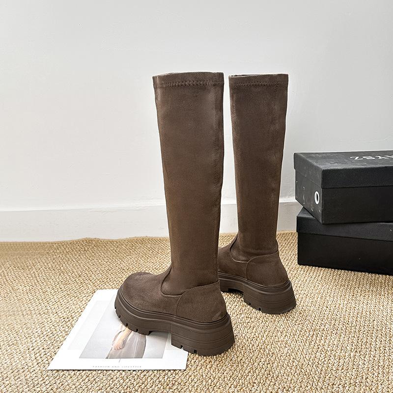 

2025 осенне-зимние ретро-сапоги-двойки женские замшевые высокие сапоги выше колена рыцарские сапоги на толстой подошве бархатные термосапоги 38