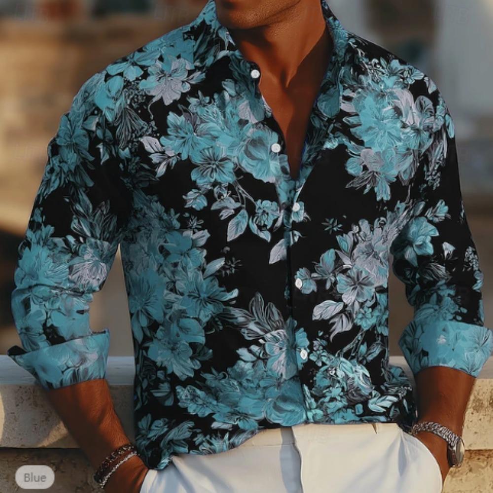Camisas de Manga Larga con Estampado Floral para Hombre Cárdigan Casual Botón Nuevo Moda Festiva Camisas