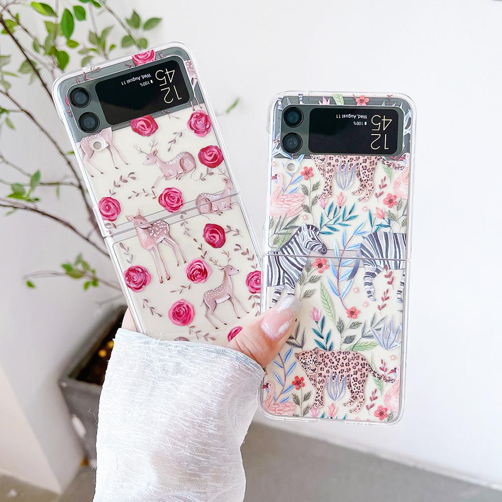 For Samsung Galaxy Z Flip 4 3 Flip4 Flip3 Case Jungle Leopard Rose Deer Painted Transparent Shockproof Folding Hard Back Cover