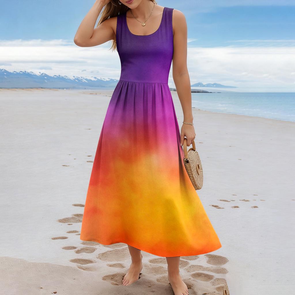 Sleeveless Gradient Maxi Dress Scoop Neck Casual Loose Fit Summer Dresses for Women Uk Ladies Summer Dresses Uk