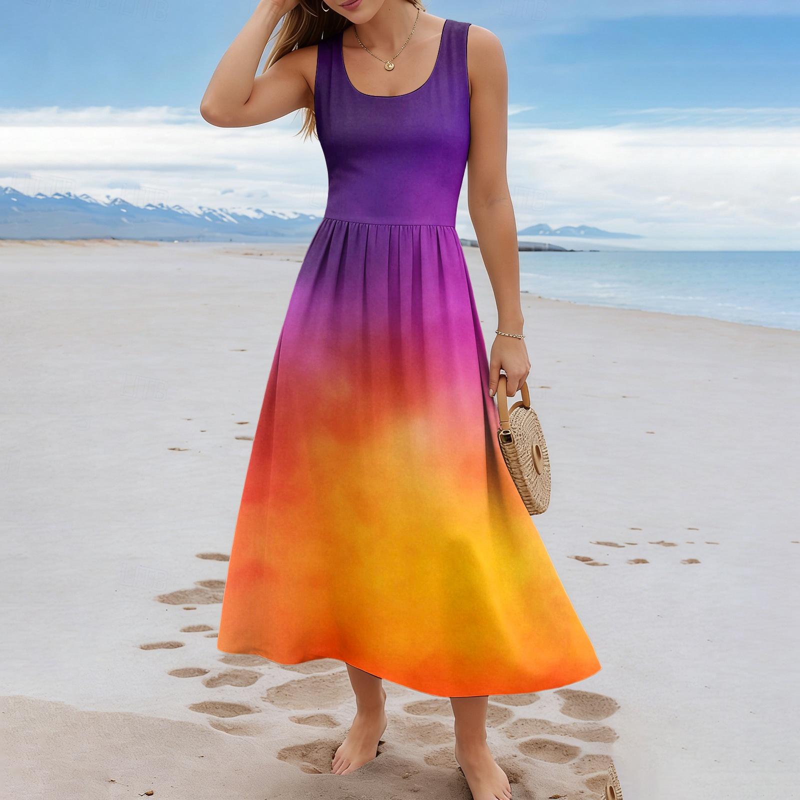 

Sleeveless Gradient Maxi Dress Scoop Neck Casual Loose Fit Summer Dresses for Women Uk Ladies Summer Dresses Uk XL шафрановий