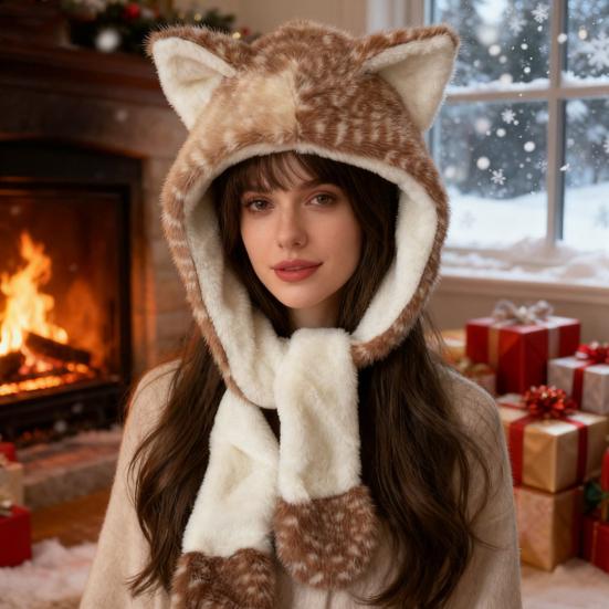 Winter Hat with Ear Flap Scarf Cartoon Deer Design Ear Protection Hat Skiing Camping Travel Headwear