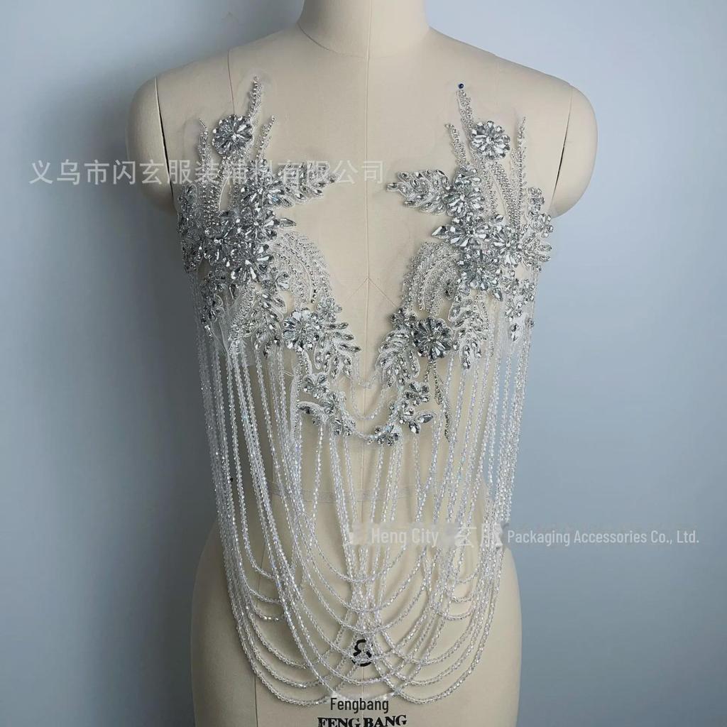 Handmade Beaded Tassel Wedding Dress Shoulder Ornaments with Crystal Diamond Lace Applique