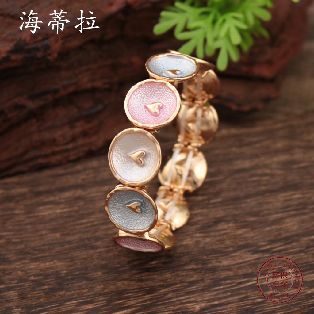 Enamel Color Round Love Elastic Bracelet, High-end Women's Versatile Heart-shaped Alloy Bracelet