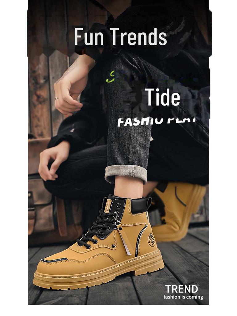 Men's Autumn British Style High-Top Yellow Martin Boots - All-Match Korean Version with Thick Soles.