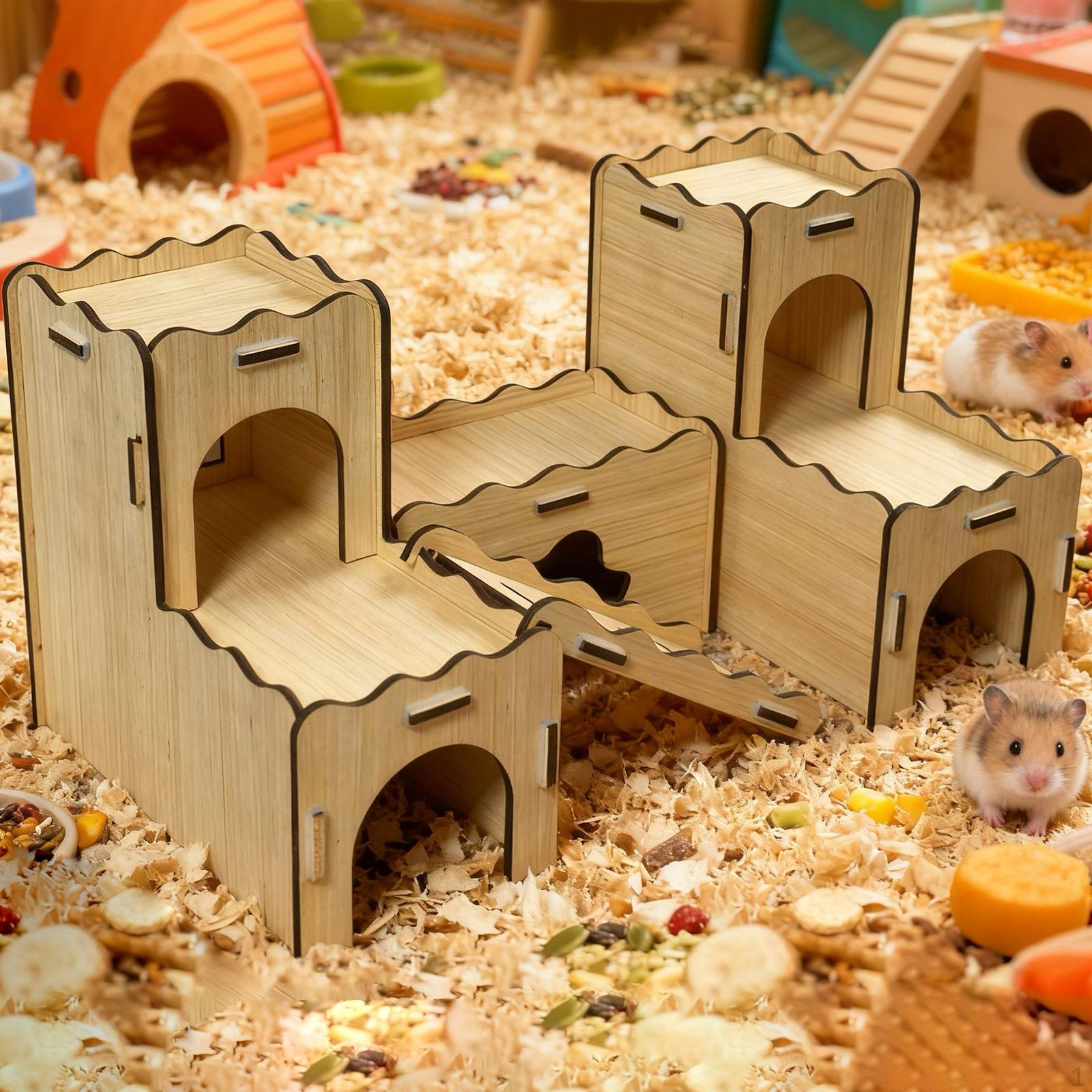 

Wooden Hamster Hideout Hide Hut Sleeping with Climbing Ladder Cage Accessories Habitat Decor for