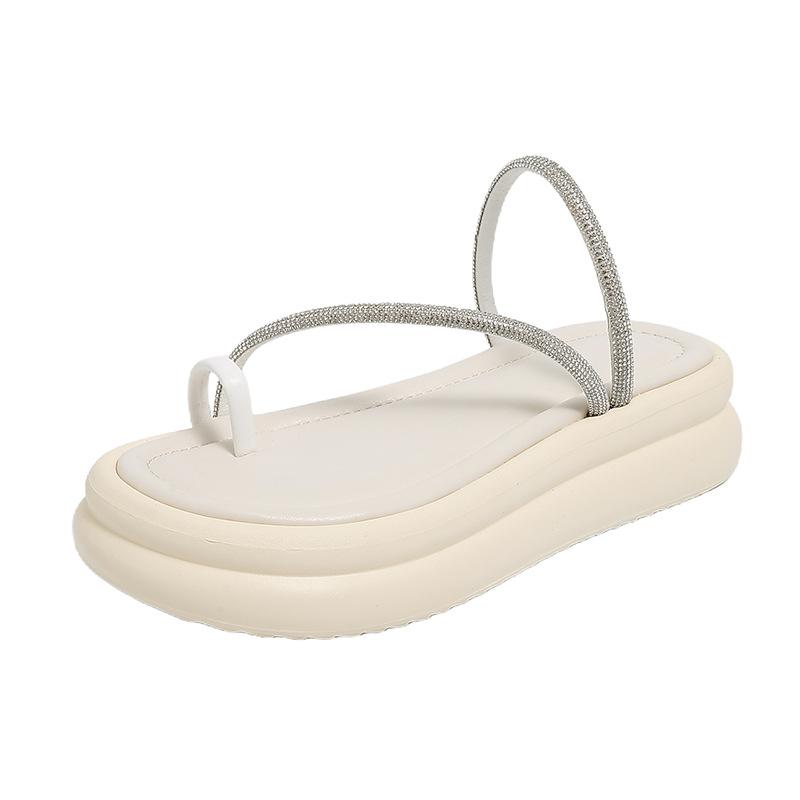 TEH3810 new French toe slope heel thick-soled slippers women's 2025 summer outer wear holiday style beige sandals