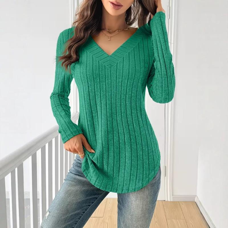 Women S Long Sleeve V Neck Ribbed Casual Autumn T Shirt