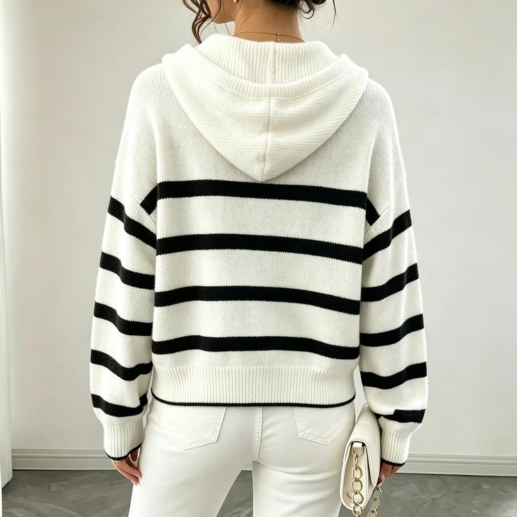 Women's Hooded Striped Pullover Knit Sweater for Fall Winter