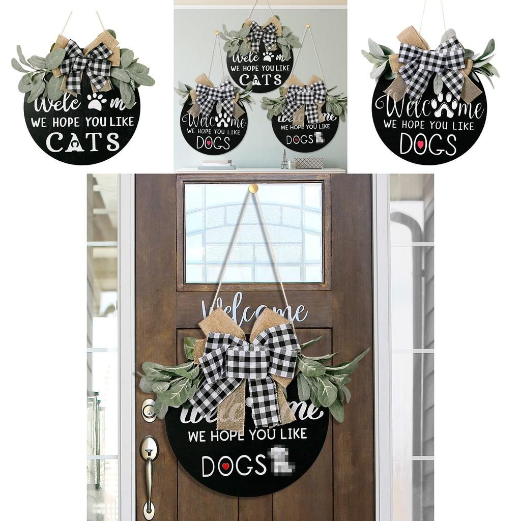 Drewniana tabliczka w rustykalnym stylu amerykańskim z kratkowaną kokardą do wystroju domu Psy i Koty