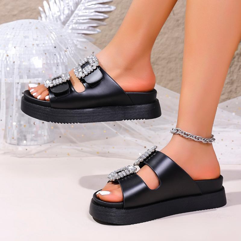 

Fashion Fashion 2025 Open Toe Women s Slippers Summer New Wearing Outside Plus Size Crystal Belt Buckle Comfortable Solid Flat Slippers 35 чёрный