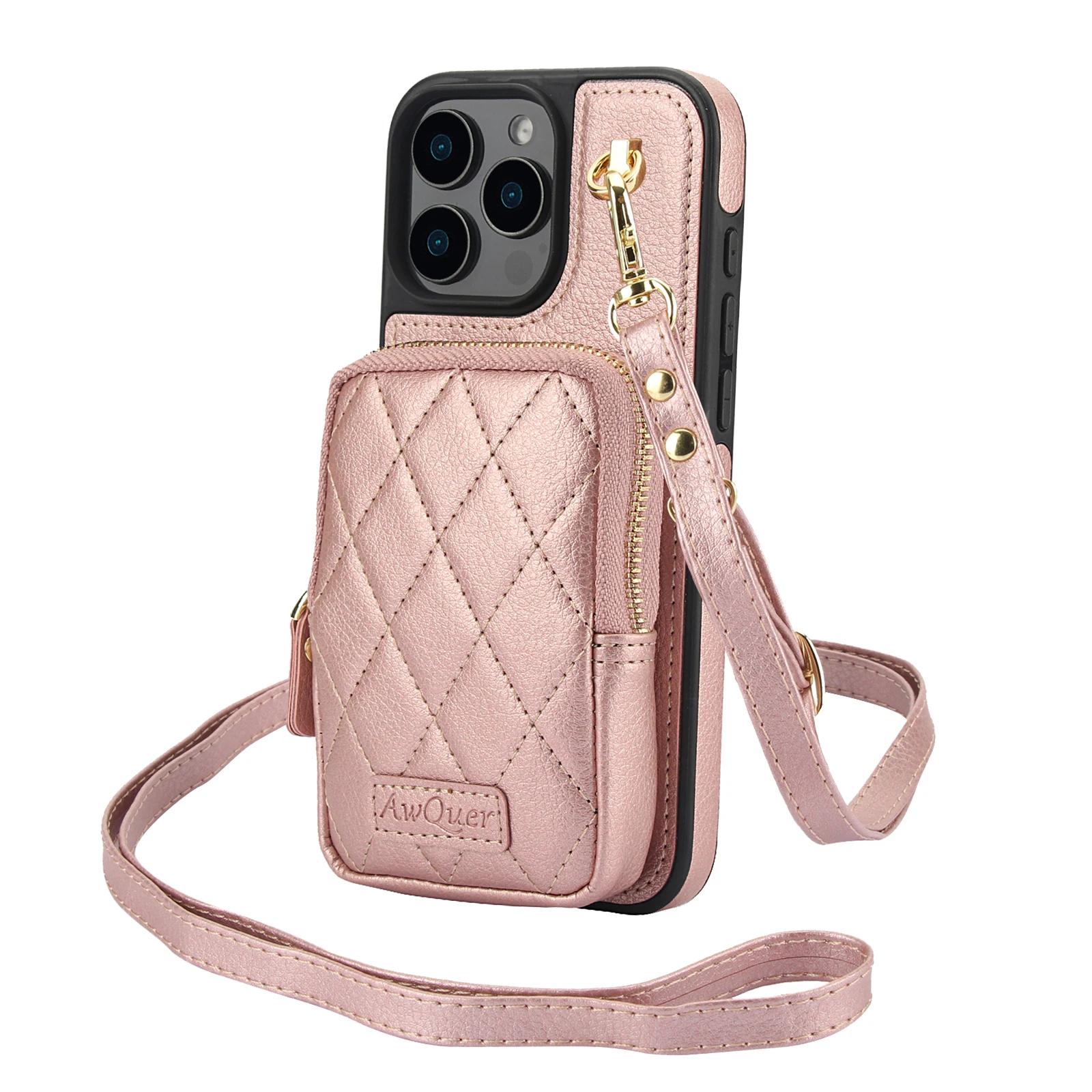 

Zipper Cards Solt Leather Wallet Crossbody Lanyard Case For iPhone 16 Pro Max 14 15 13 12 11 14Plus Pocket Bag Hand Strap Cover For iPhone 14&Case & Strap розового золота