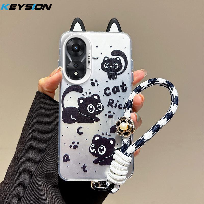 KEYSION Cute Ear Cartoon Case for OPPO A58 4G A38 A18 with Lanyard Soft Silicone+PC Shockproof Phone Back Cover for OPPO A17 A17K