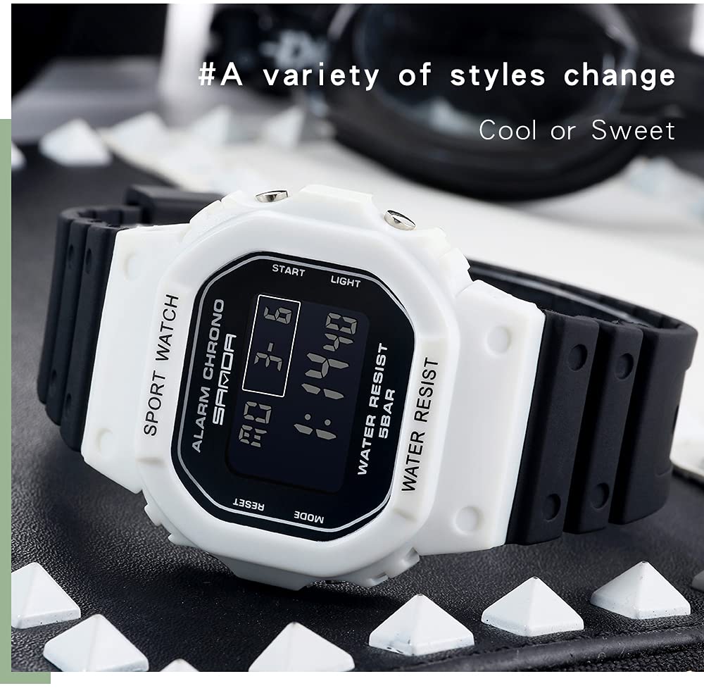 un bel tocco Digital Watch for Men and with LED and 8 Colors Women, Alarm, Stopwatch, Backlight, (White-Black)
