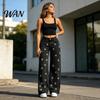 High Elasticity Denim Girl's Bow Cherry Print Baggy Jeans, Wide Leg Mid Waisted Women Jeans Pants, Zipper Fly Elastic Casual Streetwear with Pockets