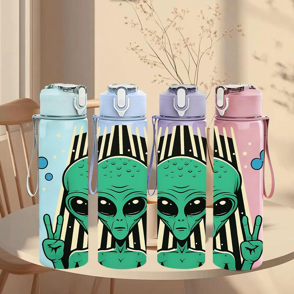 1PC Alien Peace Hand Gesture 750ml Color Plastic Sports Water Bottle Leakproof Flip Straw Lid Suitable for Sports Office Home Use