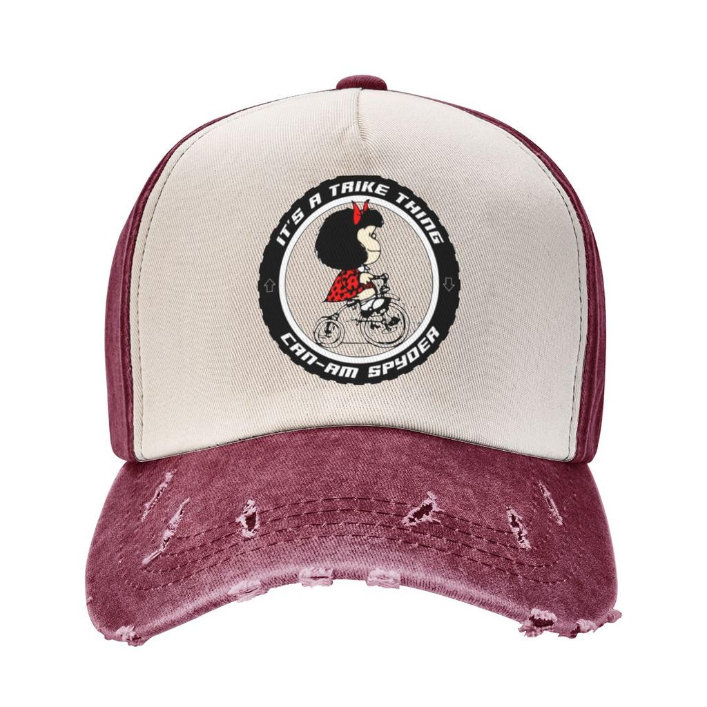 Mafalda On Trike Bicycle Baseball Caps Doplňky Casual Distressed Denim Washed Sun Caps for Unisex Women Soft Caps Klobouk