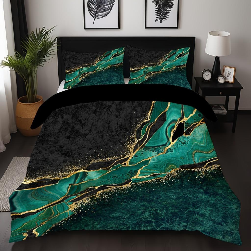 3pcs Retro Green Golden Marble 3D Printed Bedding Set Cozy Duvet Cover King Queen Twin Size Birthday Gift Bedroom Decoration
