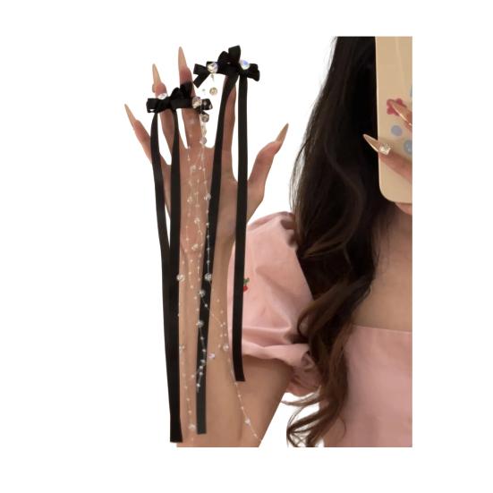 Hairpin Satin Ribbon Bowknot Decor Hair Clip with Rhinestones Glass Beads Tassels No Pull Scalp Photos Hair Accessories