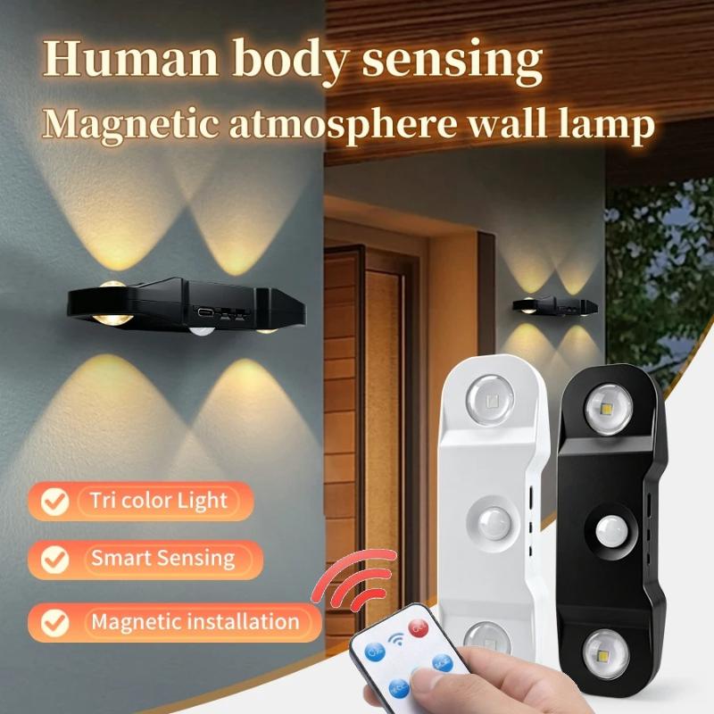Tricolor or RGB PIR Human Body Sensor LED Wall Lamp Magnetic Night Light USB Rechargeable Cabinet Light Indoor Stair Decor with Remote Control