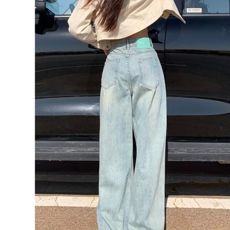 Light blue wide-leg jeans for women, early spring new design high-waisted and thin straight-leg pants