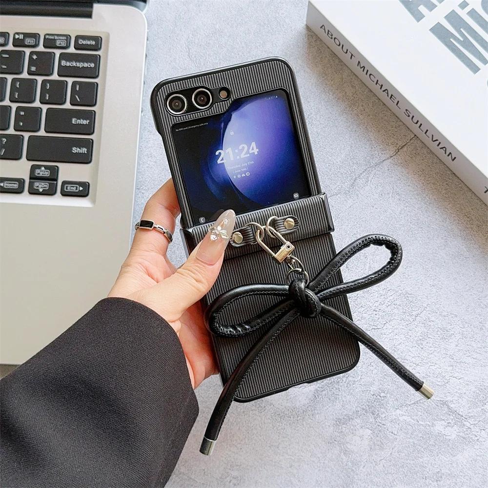 Stripe Texture PU Leather Cover with Bowknot Pendants for Samsung Galaxy Z Flip 6 5 4 3 5G Hard PC Hinge Protective Phone Case