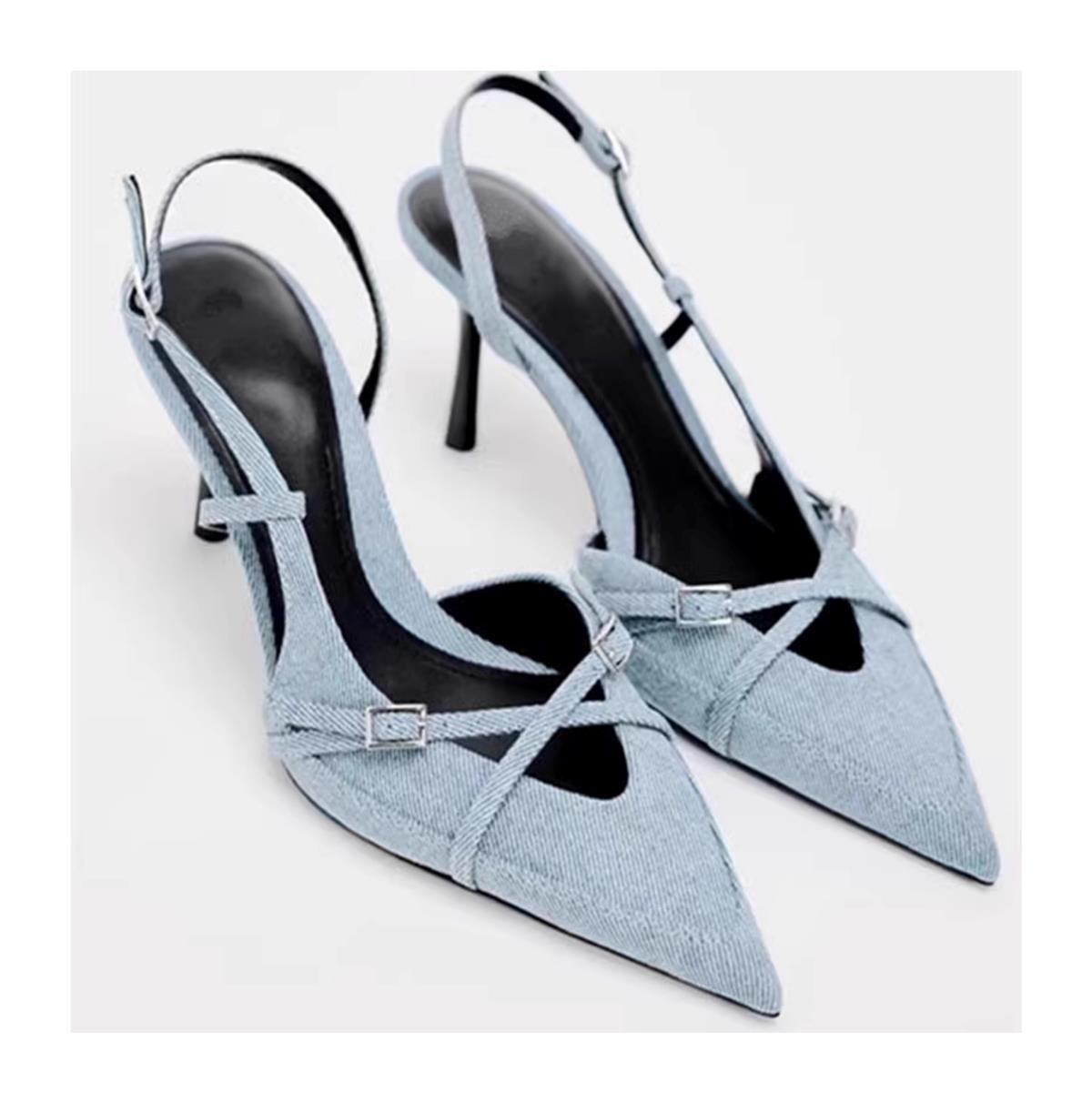 

2025 новая женская обувь туфли Мюли огромные ноги тонкие длинные синий деним высокий каблук сандалии французский тонкий каблук остроносые одинарные туфли 40 джинсовый