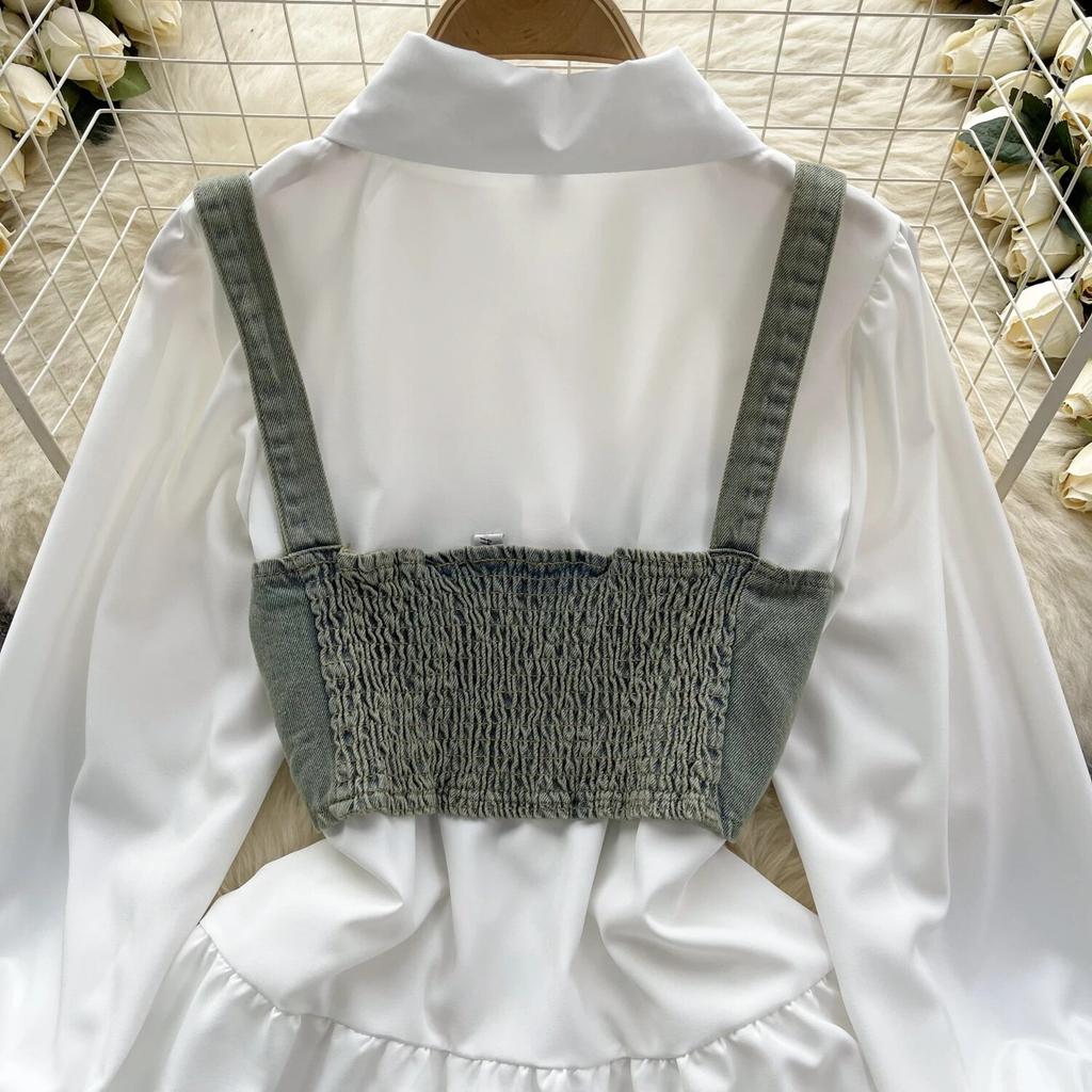 Koreansk Seriekläder Återupplivande Tvådelat Set Topp Retro Kort Jeansväst Trendigt Allmatchande Mellanlångt Skjortset