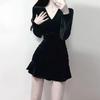 Mature Women's Velvet Short Black Dress - Autumn/Winter Figure-Flattering Birthday Gown