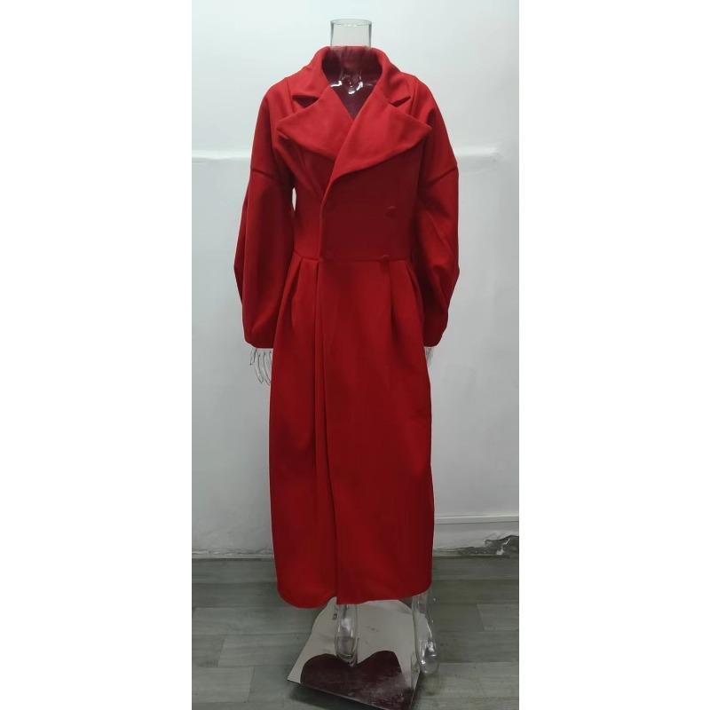 Vintage Court Style Waist Cinched Long Turn Down Collar Lantern Sleeve Overcoat For Women