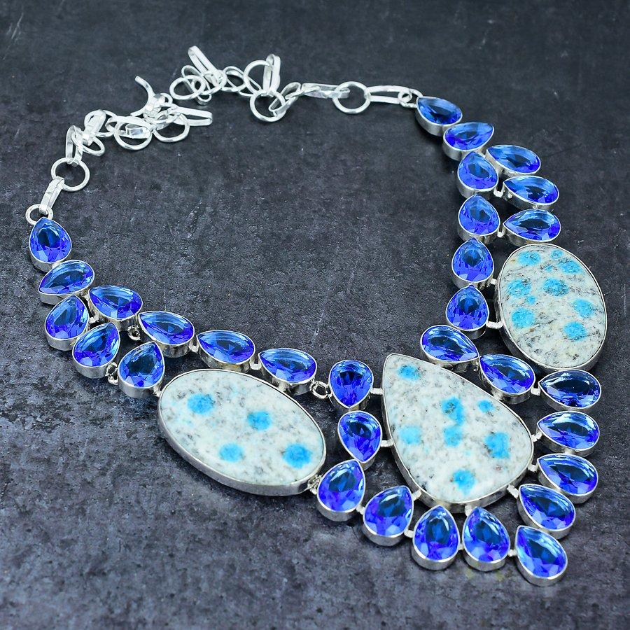 K2 Blue Azurite, Topaz Handmade 925 Sterling Silver Jewelry Necklace 18" y1Q64