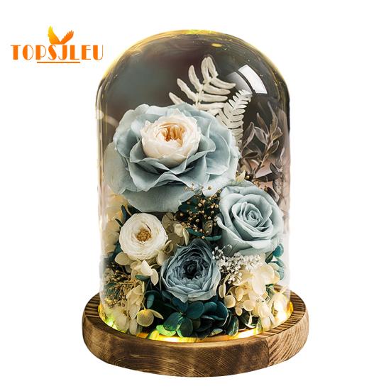 Wieczny kwiat róży szklany pokrowiec z oświetleniem LED, drewniana podstawa, zachowana prawdziwa szklana kopuła nieskończoności, prezent na walentynki dla żony i dziewczyny