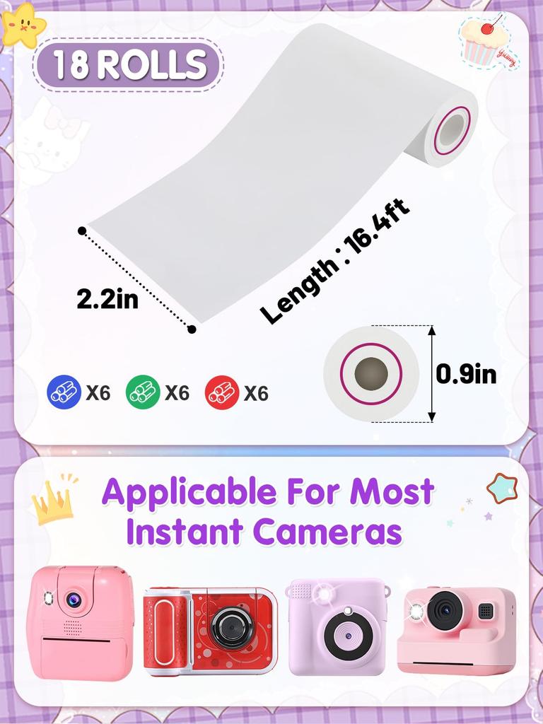 Rolo de Papel Refil para Câmera Infantil Revelação a Cores Vermelho Verde Azul, Câmera Térmica Instantânea Impressora de Fotos para Meninas Meninos Presentes de Aniversário Natal