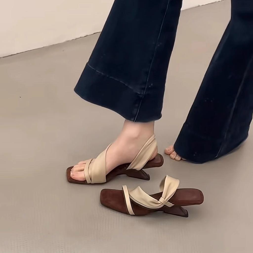 Color Matching Retro Spice Girl Style! Square Head Suede One-Word With Wedge Heels Slippers Women'S Summer Open-Toed High-Heeled Sandals