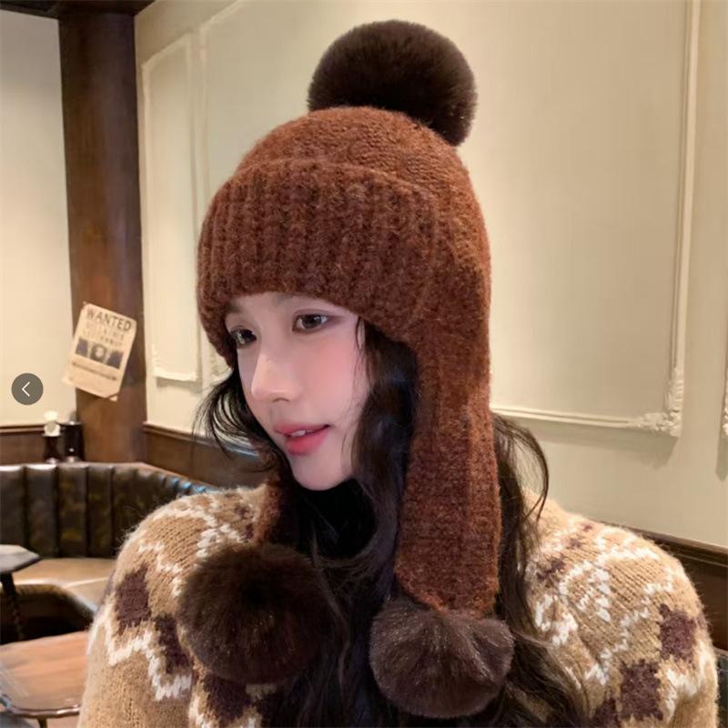 Autumn and Winter Female Cute Hairball Ear Protection Knitted Hat New Cold and Warm Face Small Wool Pullover Hat