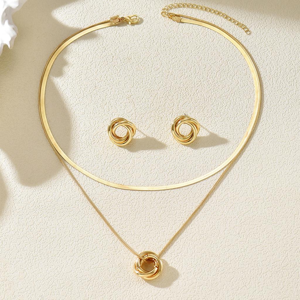 Simple Gold Color Geometic Interlocking Circle/Knot Necklace Earrings Set For Women Trend Daily Wear Party 2 PCS Jewelry
