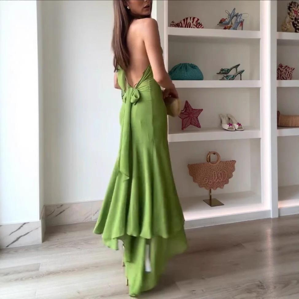 Women's Green Halter Neck Maxi Dress with Asymmetric Hem and Keyhole Cutout