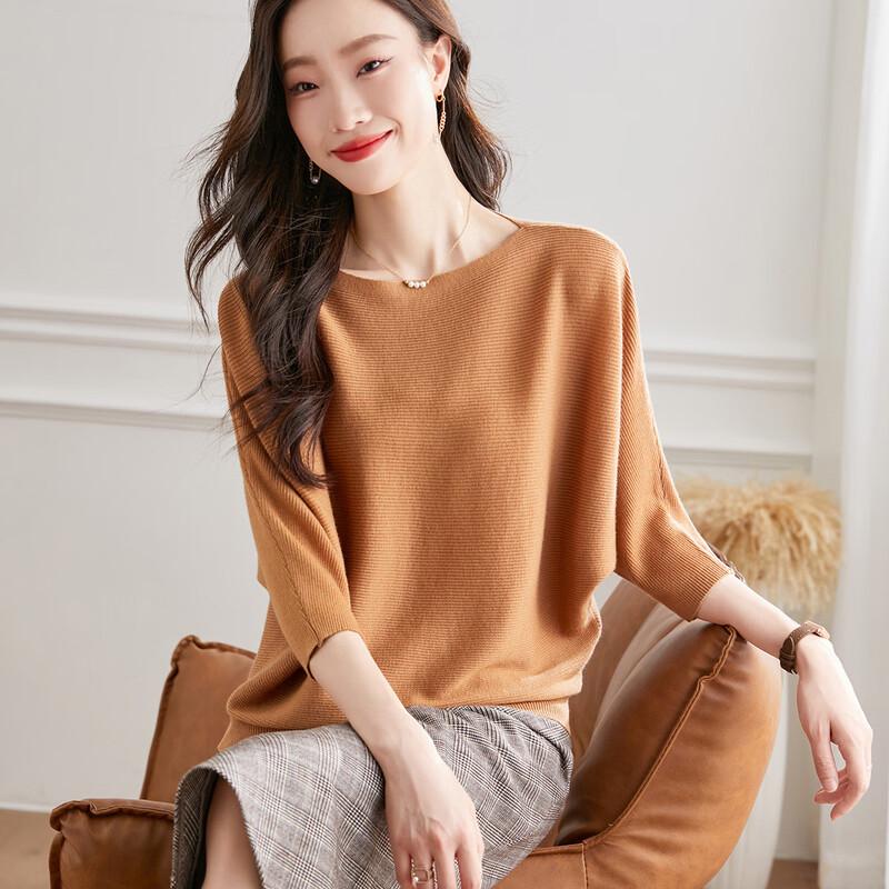 Pull en maille de laine à col rond, coupe ample et manches mi-longues pour femme Srcr