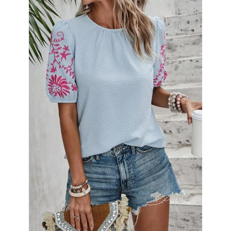 Women's Embroidered Blouse Short Sleeve Crew Neck Floral Sleeve Casual Summer Top