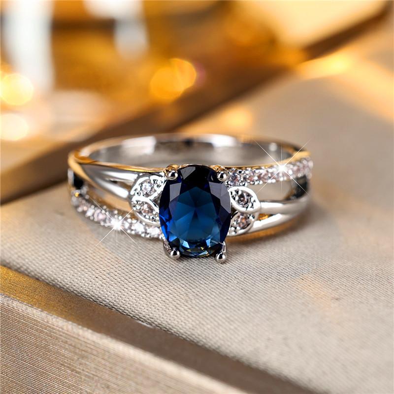 Boho Female Blue Oval Zircon Stone Ring Cute  Color Summer Wedding Jewelry For Women