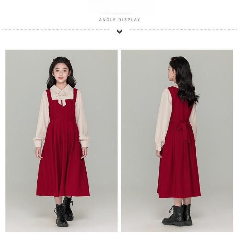 Girls' Color-blocked Faux Two-piece Long-sleeved Dress - Fall/Winter Children's Fashionable Princess Dress