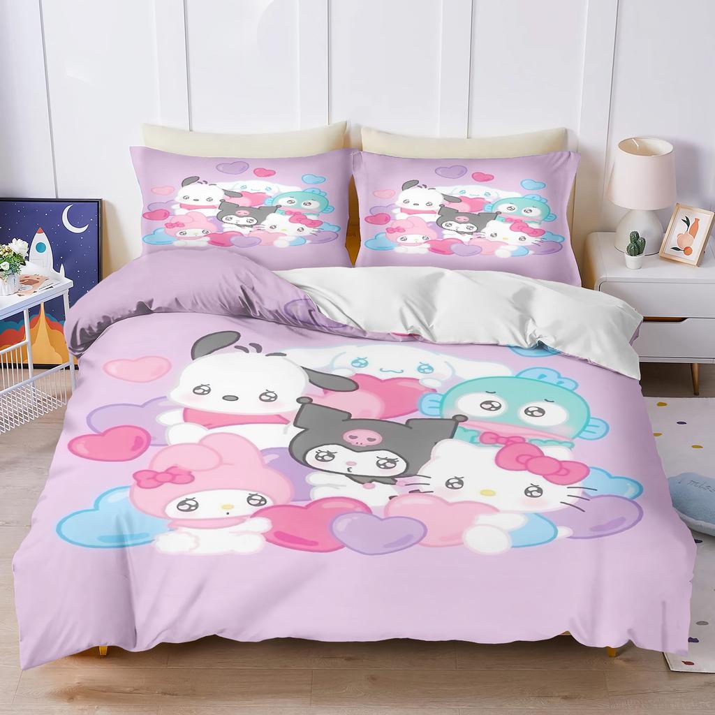 Sanrio My Melody Kuromi Pochacco Anime Bettbezug-Set Comforte Bedruckte Cartoon-Bettwäsche-Sets für Doppelbetten Weihnachtsgeschenke 3-teilig