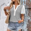 Baifenzhiyi 2026 Women's Striped Patchwork V-neck Puff Sleeve Casual T-shirt