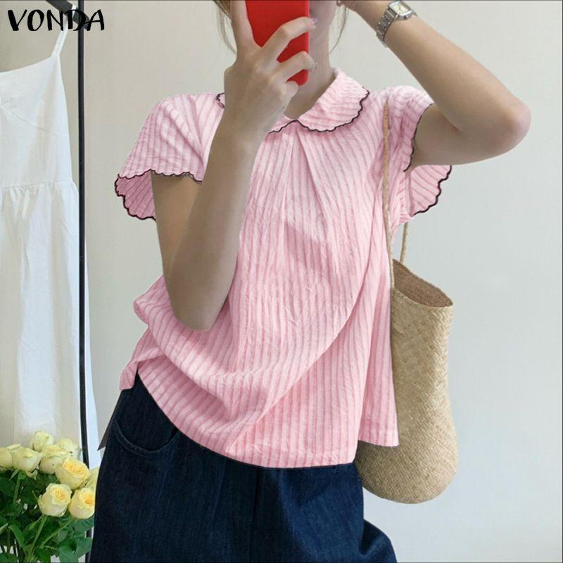VONDA Summer Women Striped Print Casual Short Sleeve Blouse T-shirts
