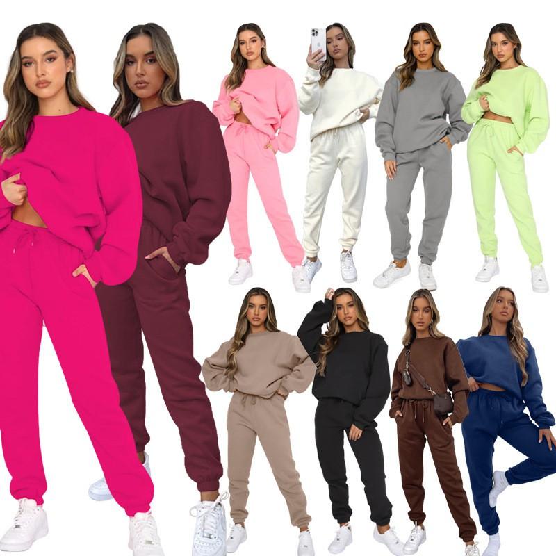 Womens Casual Tracksuit Long Sleeve Pullover Sweatshirt Pants Set Solid Color Sportswear