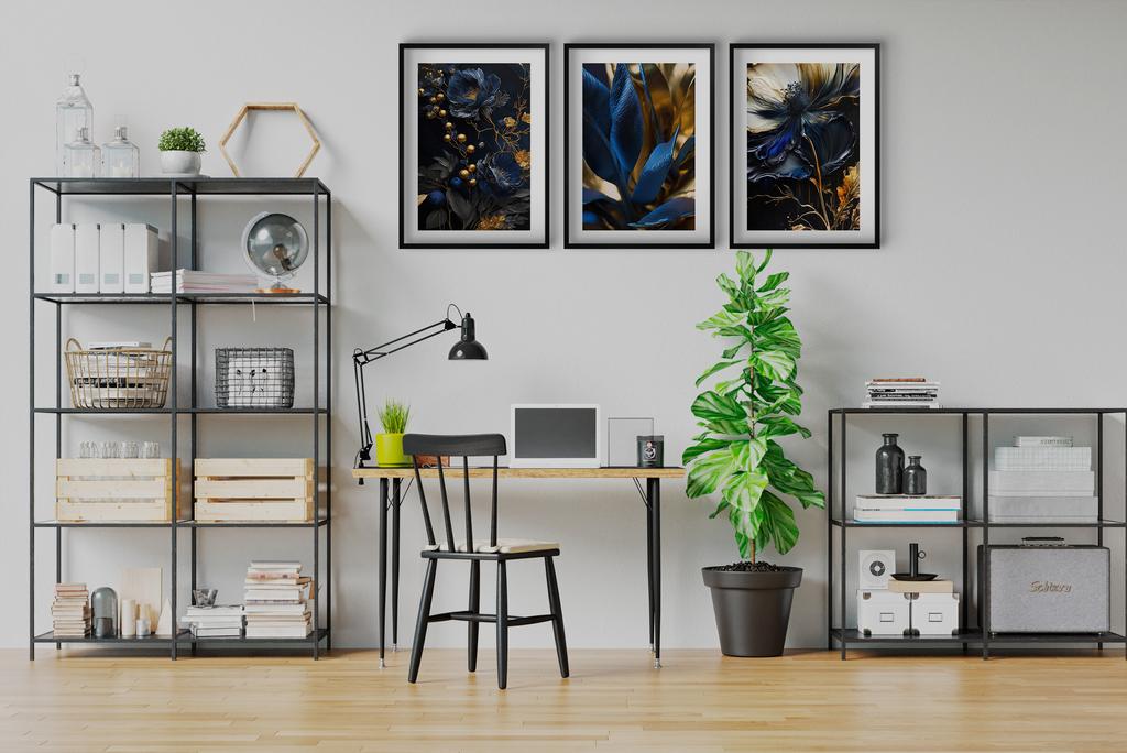 Set of 3 Wall Posters for the Living Room Wall Decoration Golden Blue Flowers