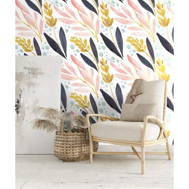 HAOKHOME Watercolor Forest Peel and Stick Wallpaper Removable White/Pink/Navy/Yellow Floral Vinyl Self Adhesive Shelf Liner 17.7in x 9.8ft