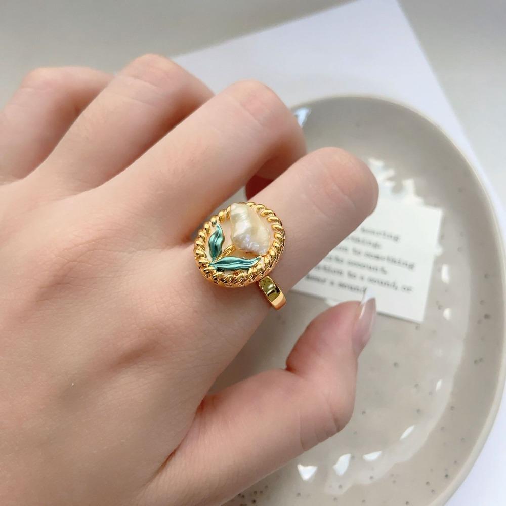 

Oil Painting Baroque Pearl Ring Rose Flower Luxury Flower Ring Temperament Vintage Ring Girls Style H